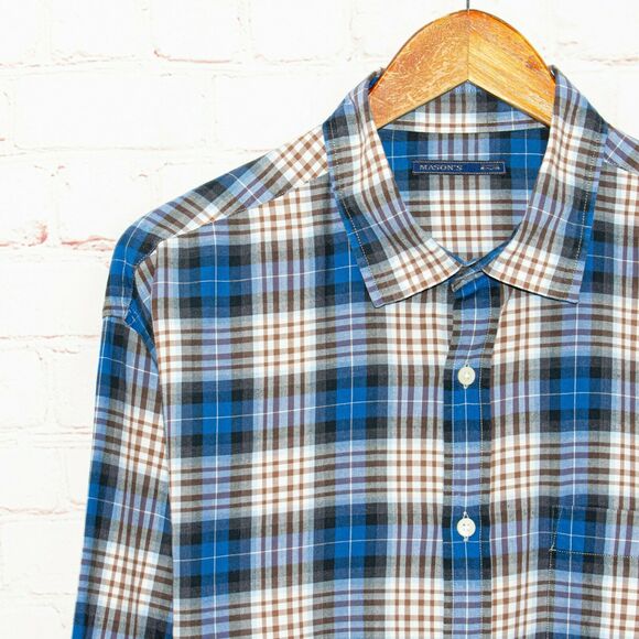 MASON'S Flannel Shirt Blue Brown Plaid Cotton Size XL - Picture 5 of 7